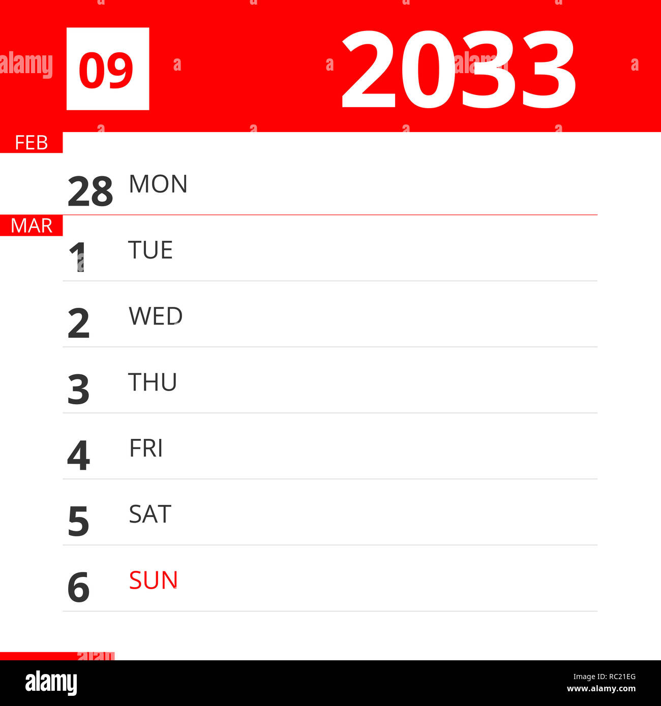 Calendar planner for Week 09 in 2033, ends March 6, 2033 . Stock Photo