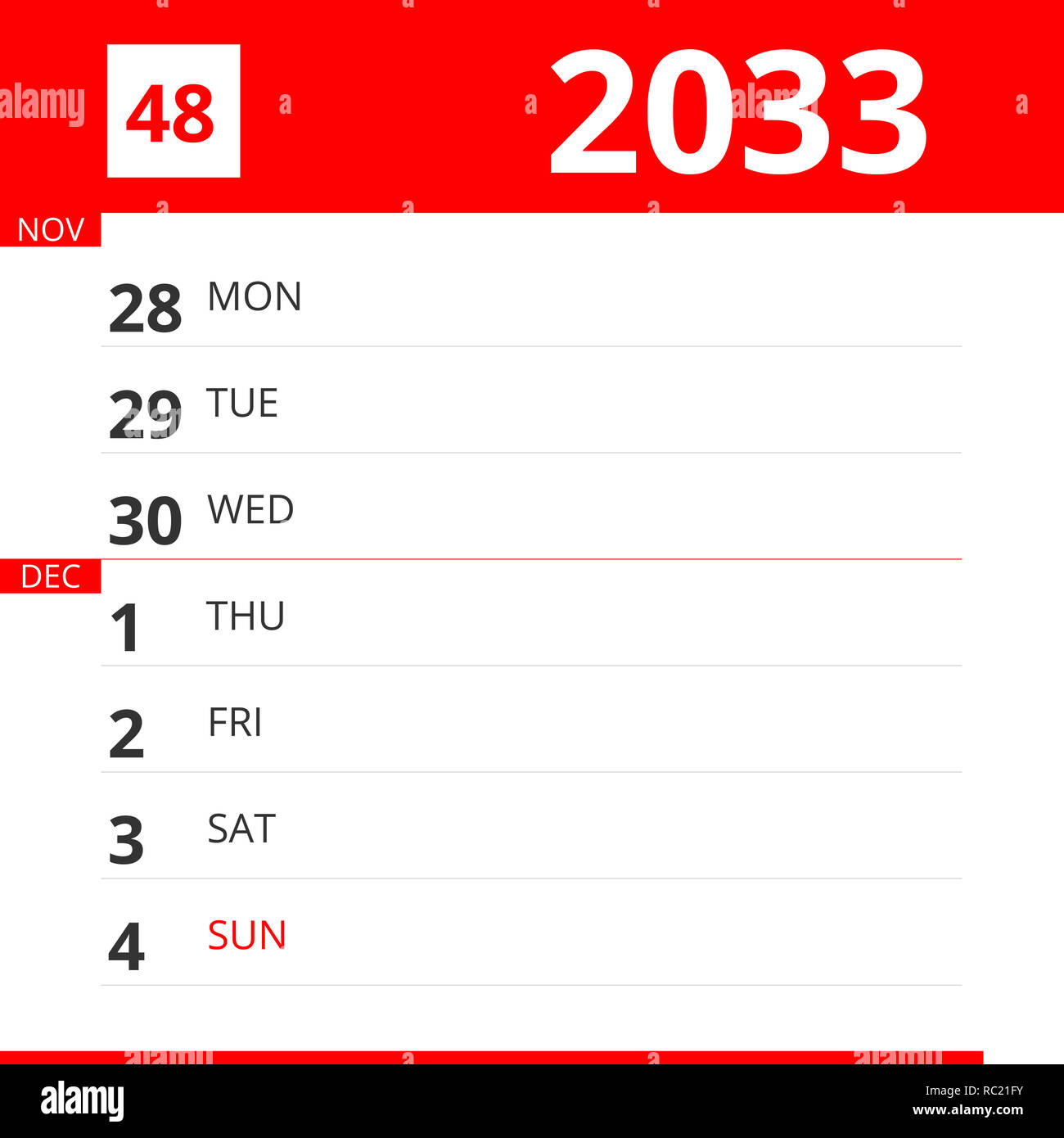 Calendar planner for Week 48 in 2033, ends December 4, 2033 Stock Photo -  Alamy
