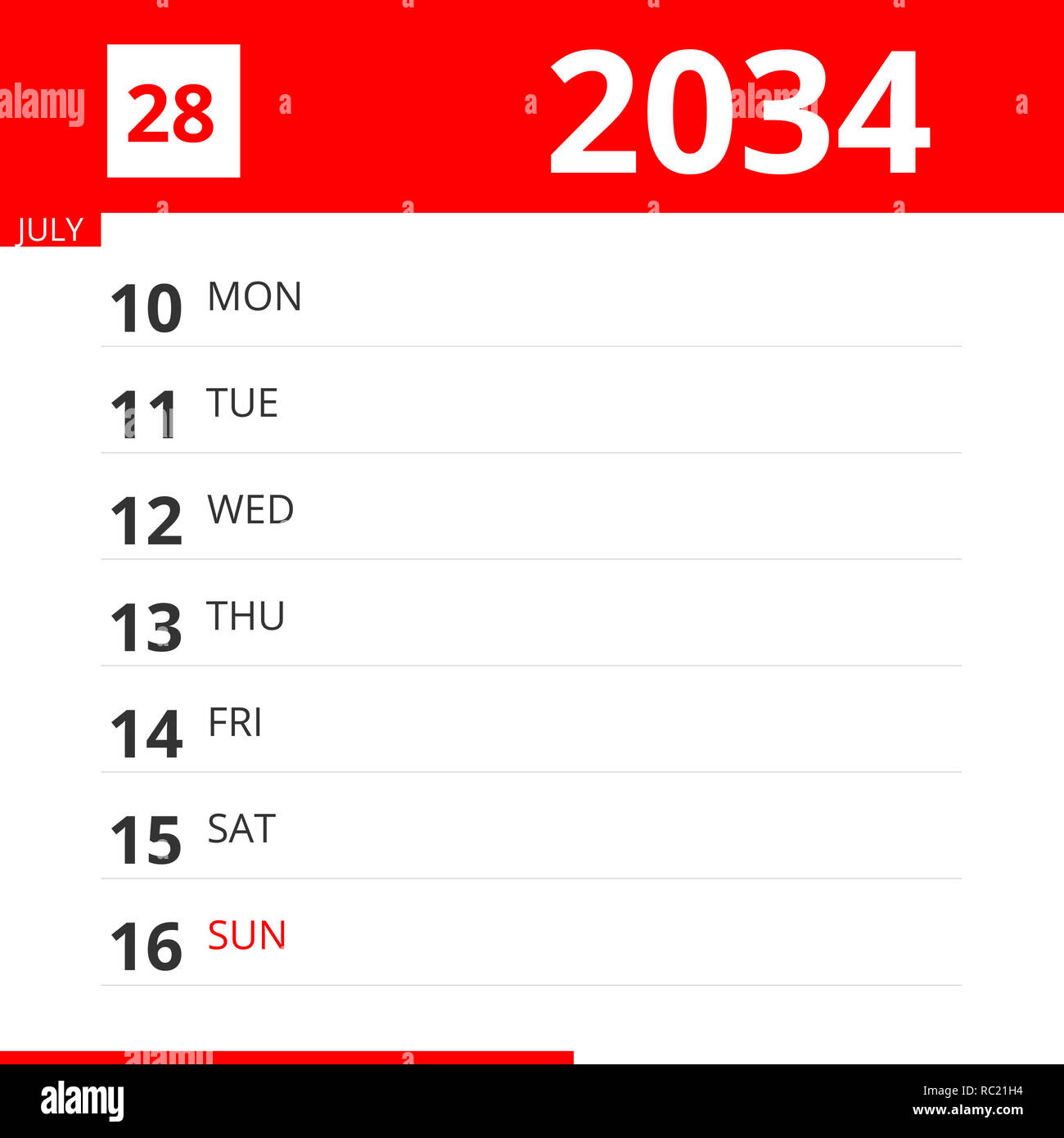 Calendar planner for Week 28 in 2033, ends July 17, 2033 Stock Photo - Alamy