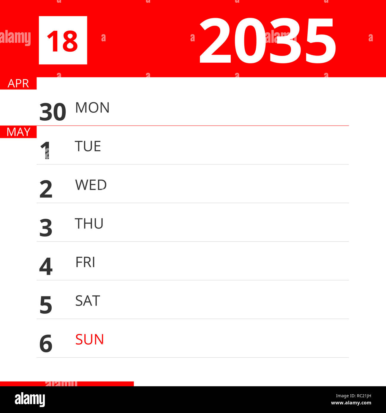 Calendar planner for Week 18 in 2035, ends May 6, 2035 . Stock Photo