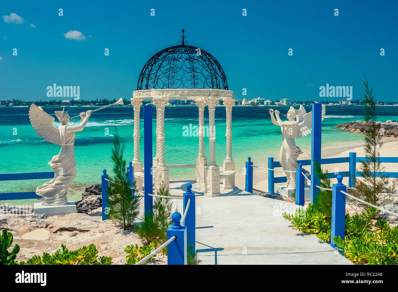 View on the wedding chapel on the tropical beach by the sea. Nassau, Bahamas. Stock Photo