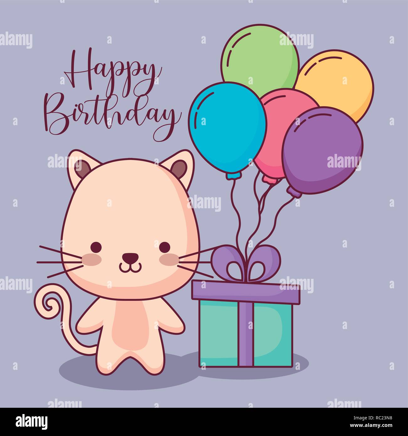 cute cat happy birthday card with gift and balloons helium vector ...