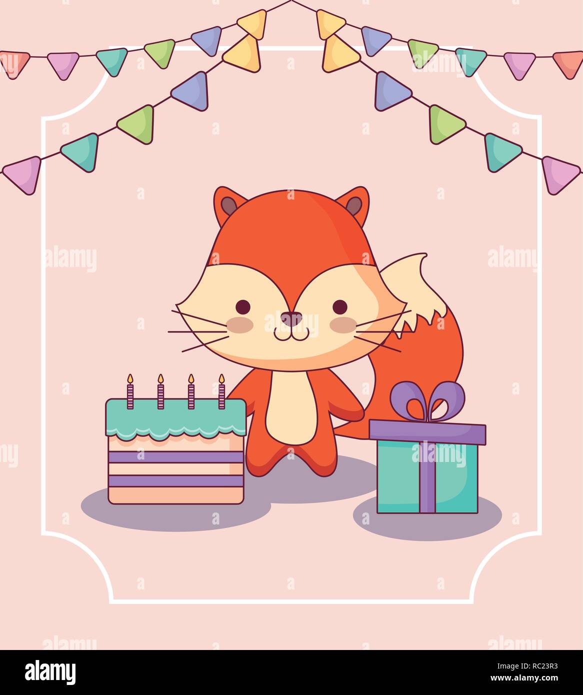 cute fox happy birthday card with gift and icons vector illustration ...