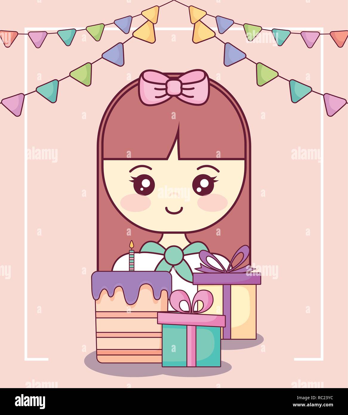 little girl with gift boxes and sweet cake vector illustration design ...