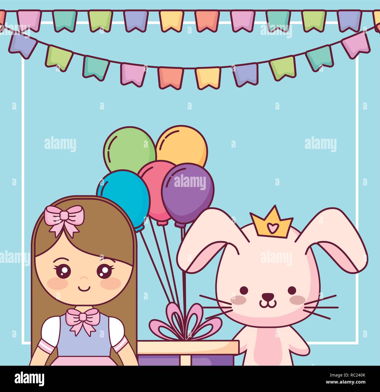 Cute Rabbit With Little Girl Happy Birthday Card Vector