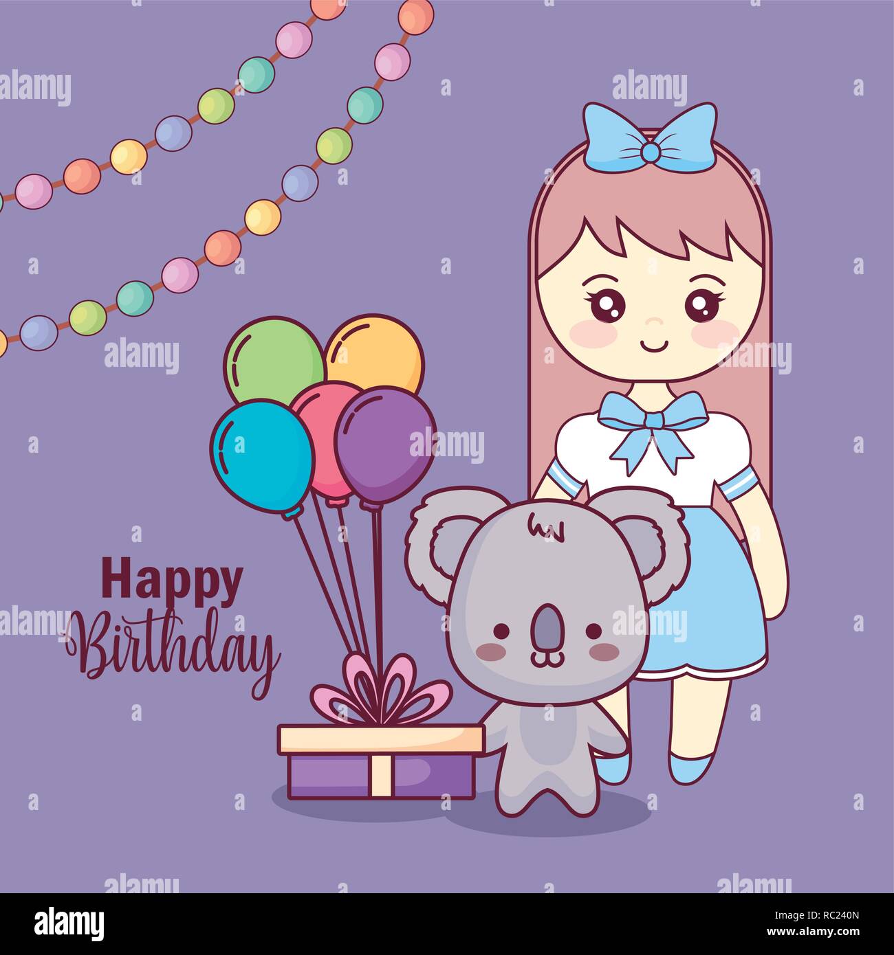 cute koala with little girl happy birthday card vector illustration ...
