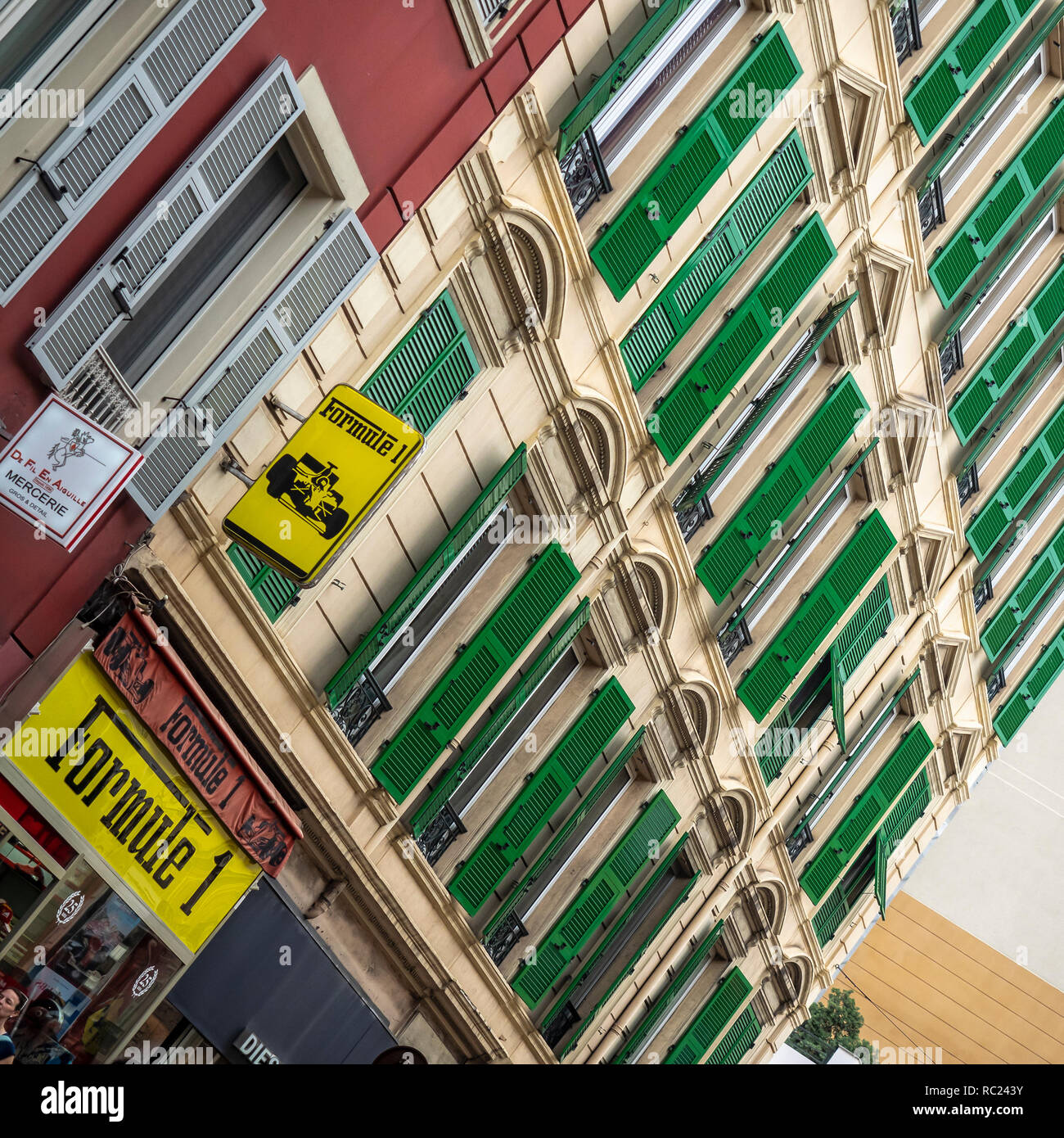 MONTE CARLO, MONACO: MAY 27, 2018:  Apartments above Formula 1 Shop on Rue Grimaldi Stock Photo