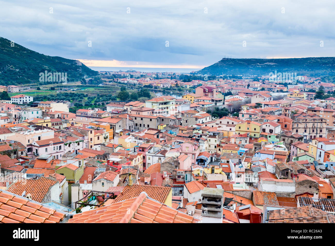 Aerial view from the castle of Bosa, a colofrull small village in Sardinia, Italy Stock Photo