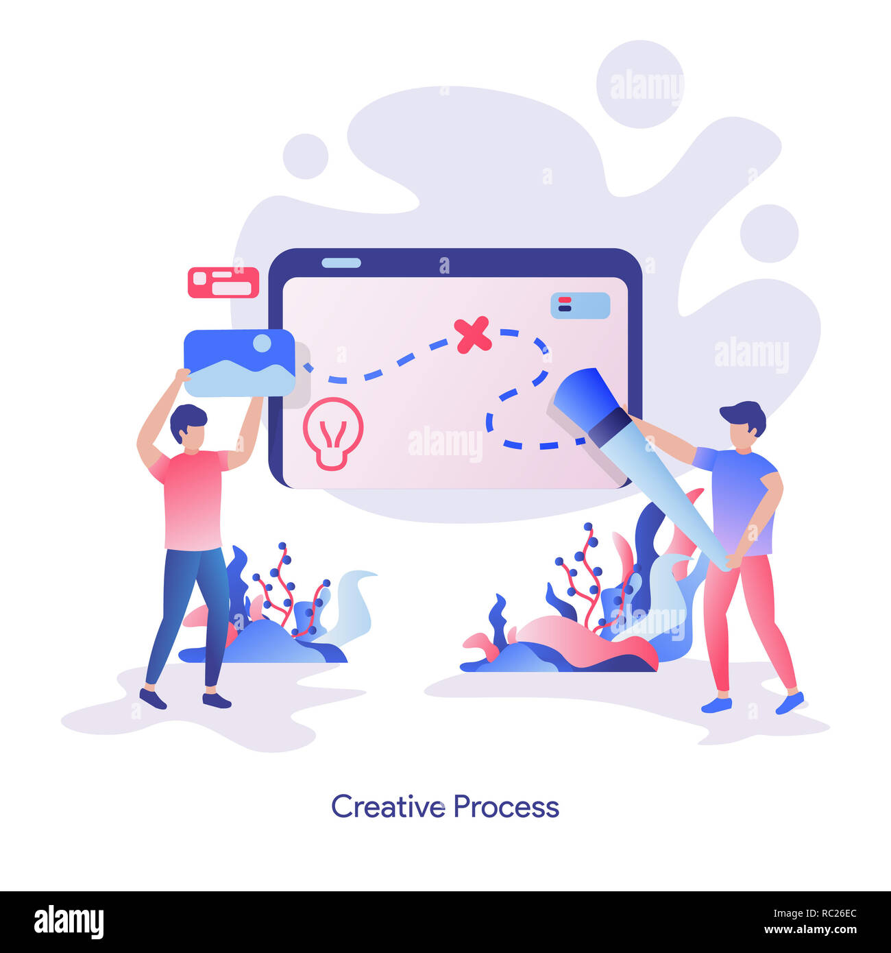 Vector illustration of Creative Process, a man carrying a brush and a man put a picture on the board. Modern vector illustration concepts for developi Stock Photo