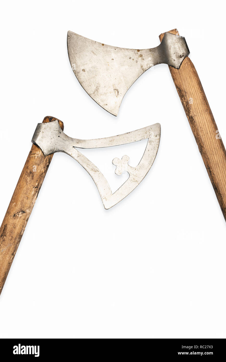 Two ancient axes on a white background. Viking weapons Stock Photo