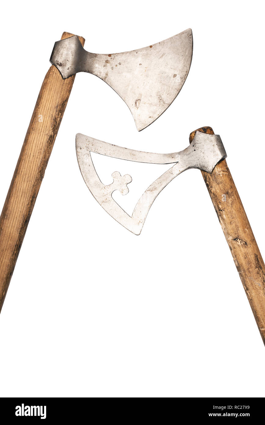 Two vintage axes isolated on white background. Viking weapons Stock Photo