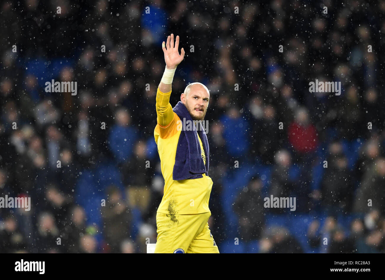 David Button of Brighton waves to the fans at the final whistle during the Premier League match between  Brighton & Hove Albion and Liverpool at the American Express Community Stadium . 12 January 2019 Editorial use only. No merchandising. For Football images FA and Premier League restrictions apply inc. no internet/mobile usage without FAPL license - for details contact Football Dataco Stock Photo