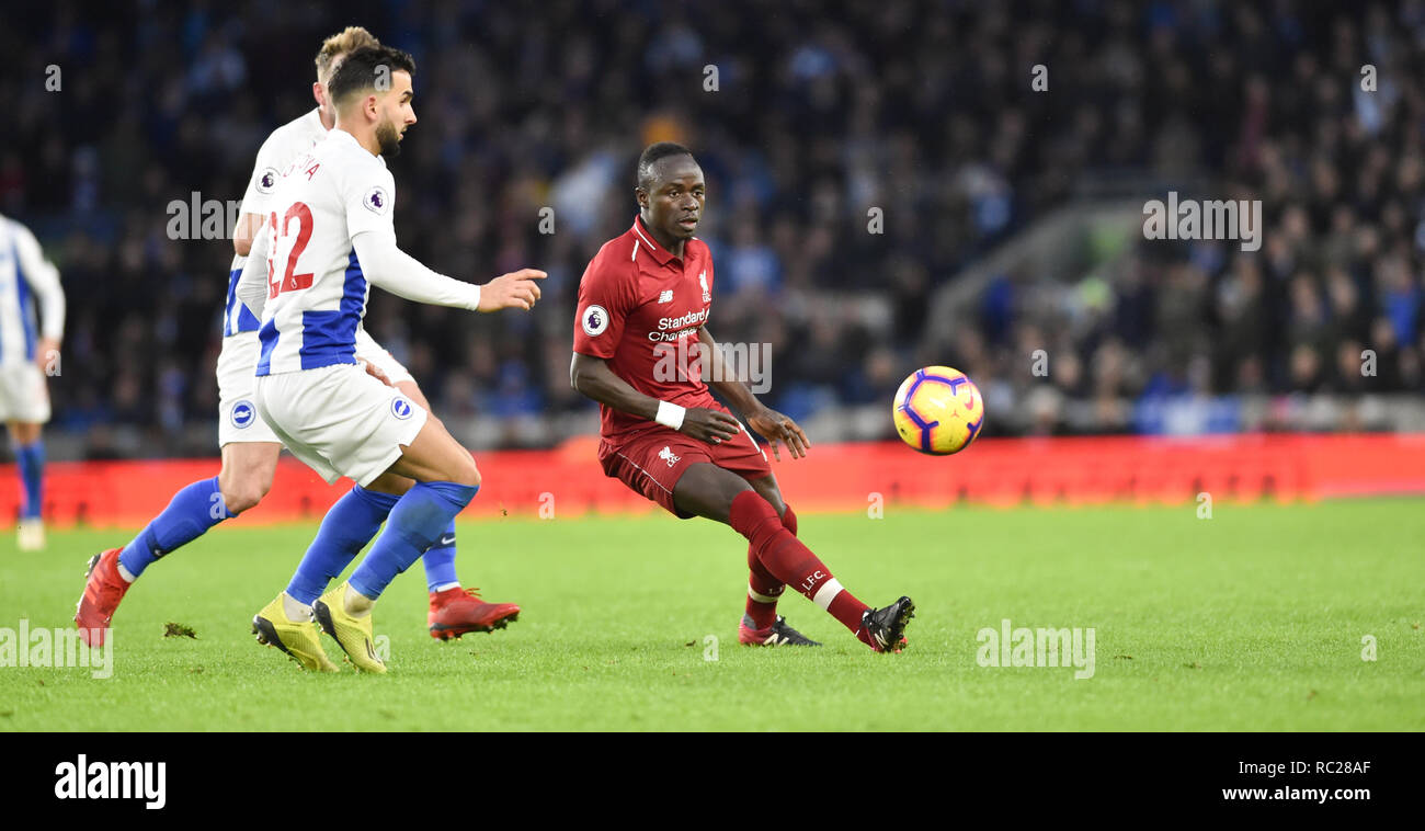 Sadio Mane of Liverpool during the Premier League match between  Brighton & Hove Albion and Liverpool at the American Express Community Stadium . 12 January 2019 Editorial use only. No merchandising. For Football images FA and Premier League restrictions apply inc. no internet/mobile usage without FAPL license - for details contact Football Dataco Editorial use only. No merchandising. For Football images FA and Premier League restrictions apply inc. no internet/mobile usage without FAPL license - for details contact Football Dataco Stock Photo