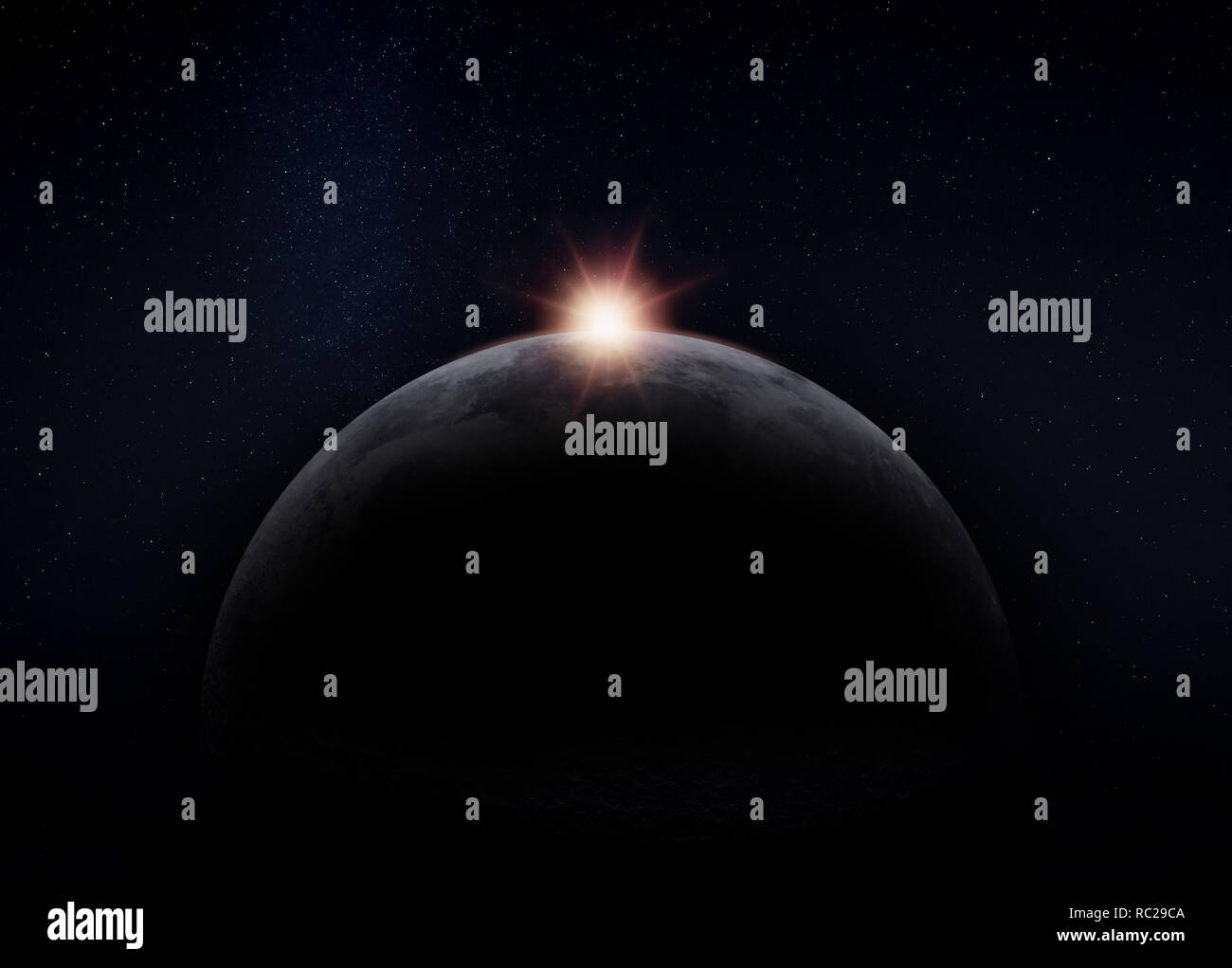 View of the dark hidden side of the Moon with the Sun behind it. Negative space for copy text. Elements of this image furnished by NASA Stock Photo