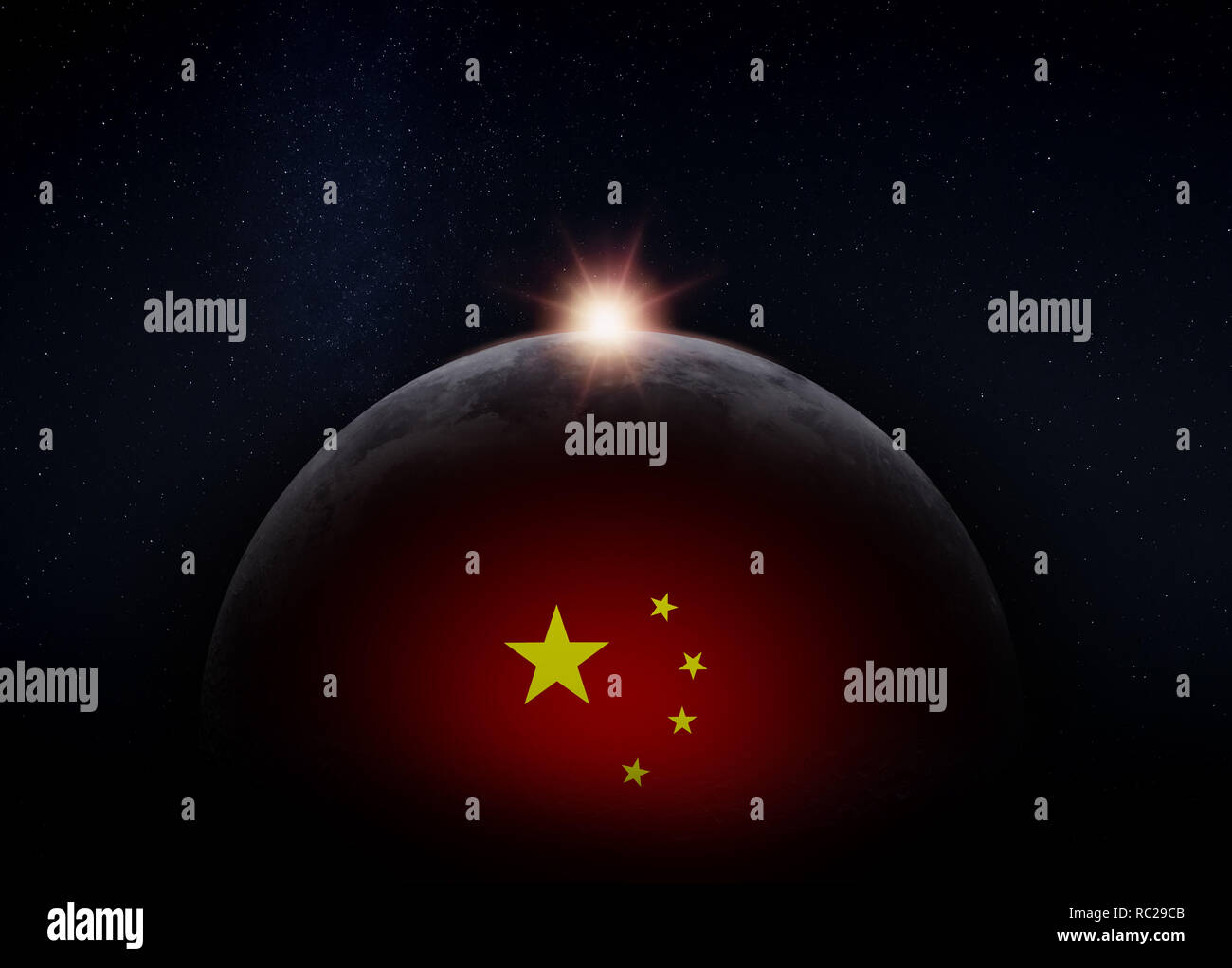 View of the dark hidden side of the Moon with the Chinese flag on it and the Sun behind it. Negative space for copy text. Elements of this image furni Stock Photo