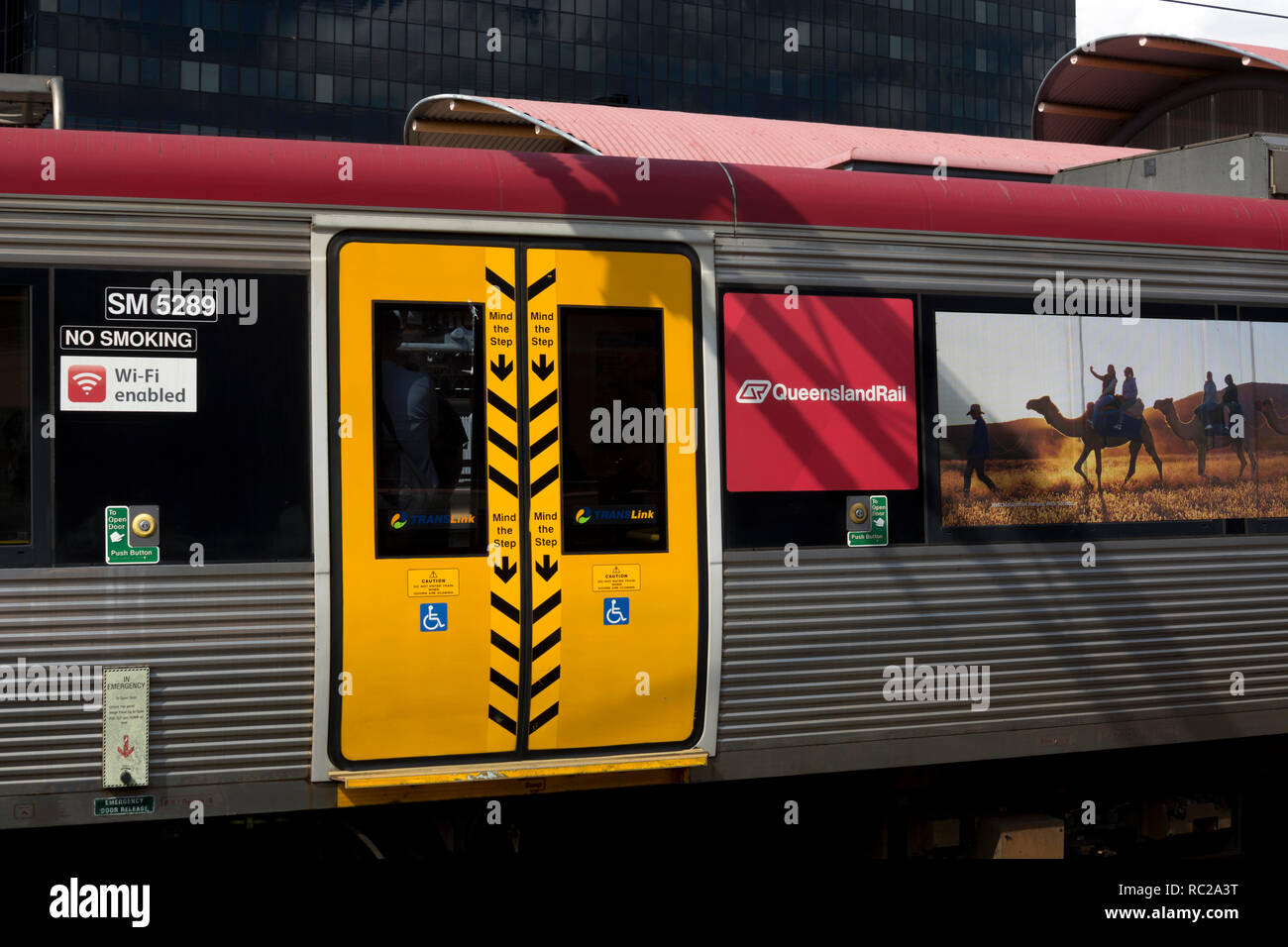 Queensland Rail train detail with Wi-Fi enabled sign, Brisbane, Queensland, Australia Stock Photo