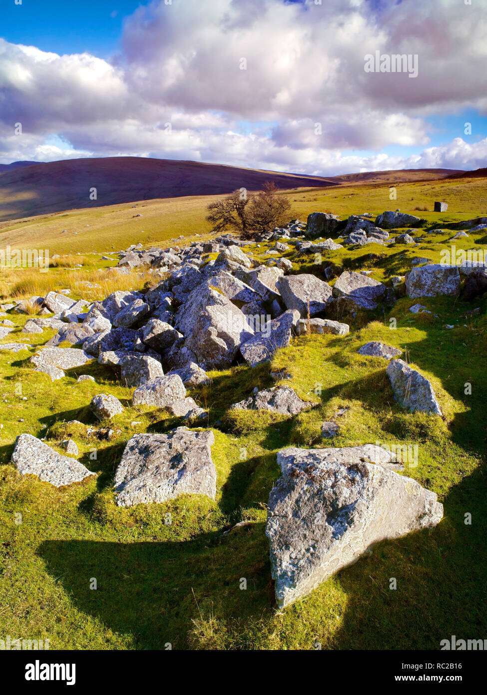 A sunny view of a rugged landscape in the Brecon Beacons National Park, Wales Stock Photo