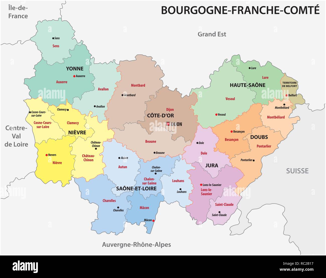 administrative map of the new french region Bourgogne-Franche-Comte Stock Vector