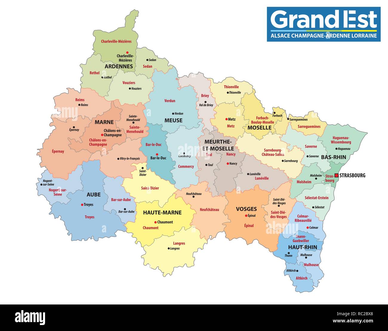 administrative map of the new french region grand est with logo Stock Vector