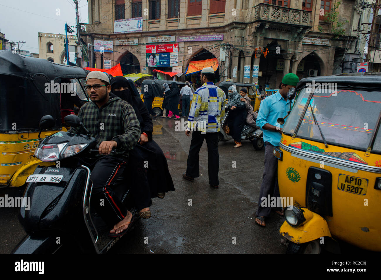 A busy street in the old quarters of Hyderabad. Stock Photo