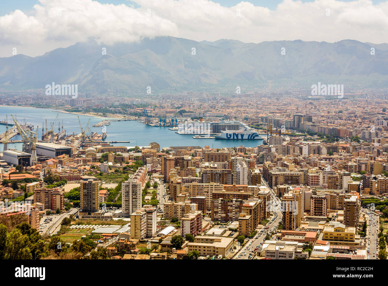 Aerial view of the Port of Palermo, Sicily, with GNV (Grandi Navi Veloci) and Costa Crociere ships. Sicily, Italy. Stock Photo