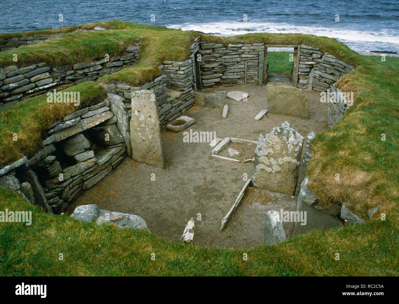 Interior of northern of two buildings at Knap of Howar, Neolithic Farmstead, Papa Westray, Orkney, Scotland Stock Photo