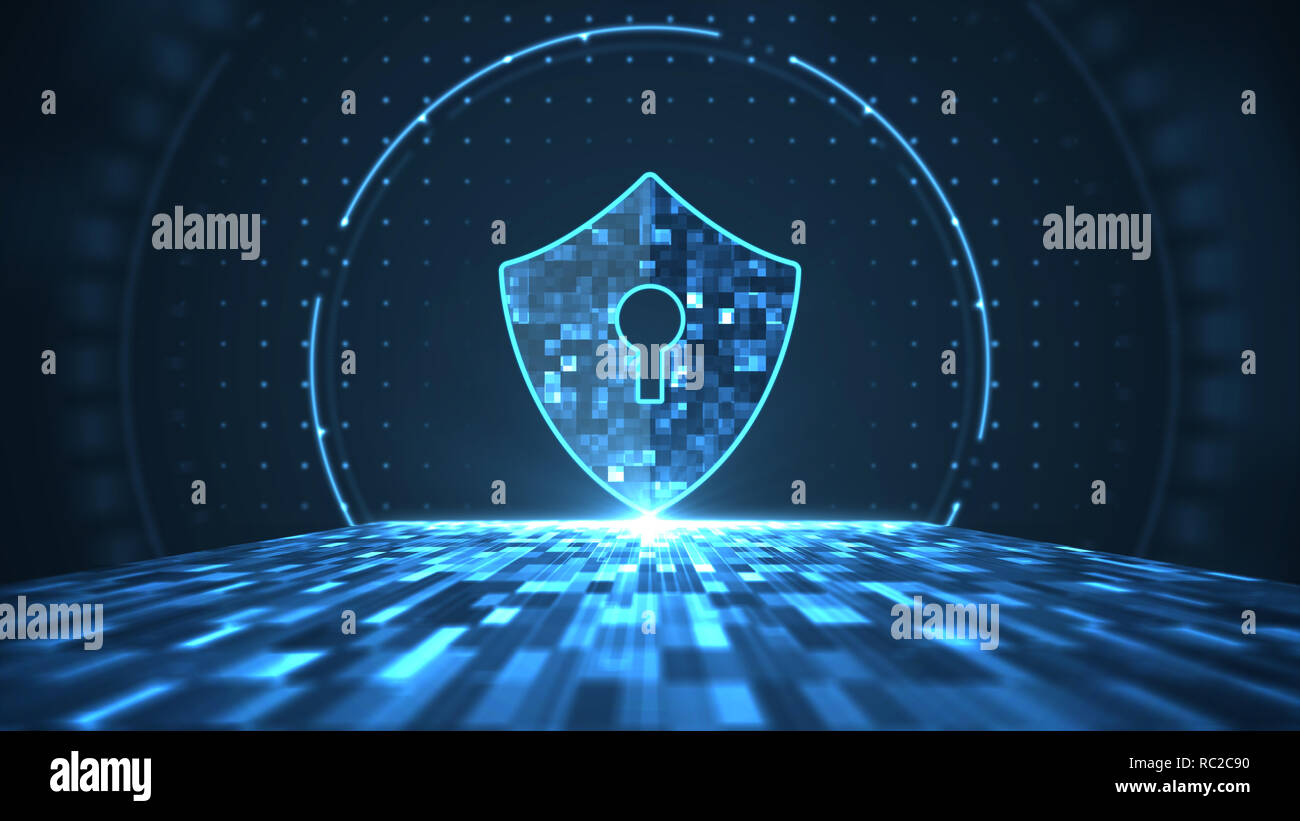 Cyber security concept. Shield with keyhole icon on abstract big data ...