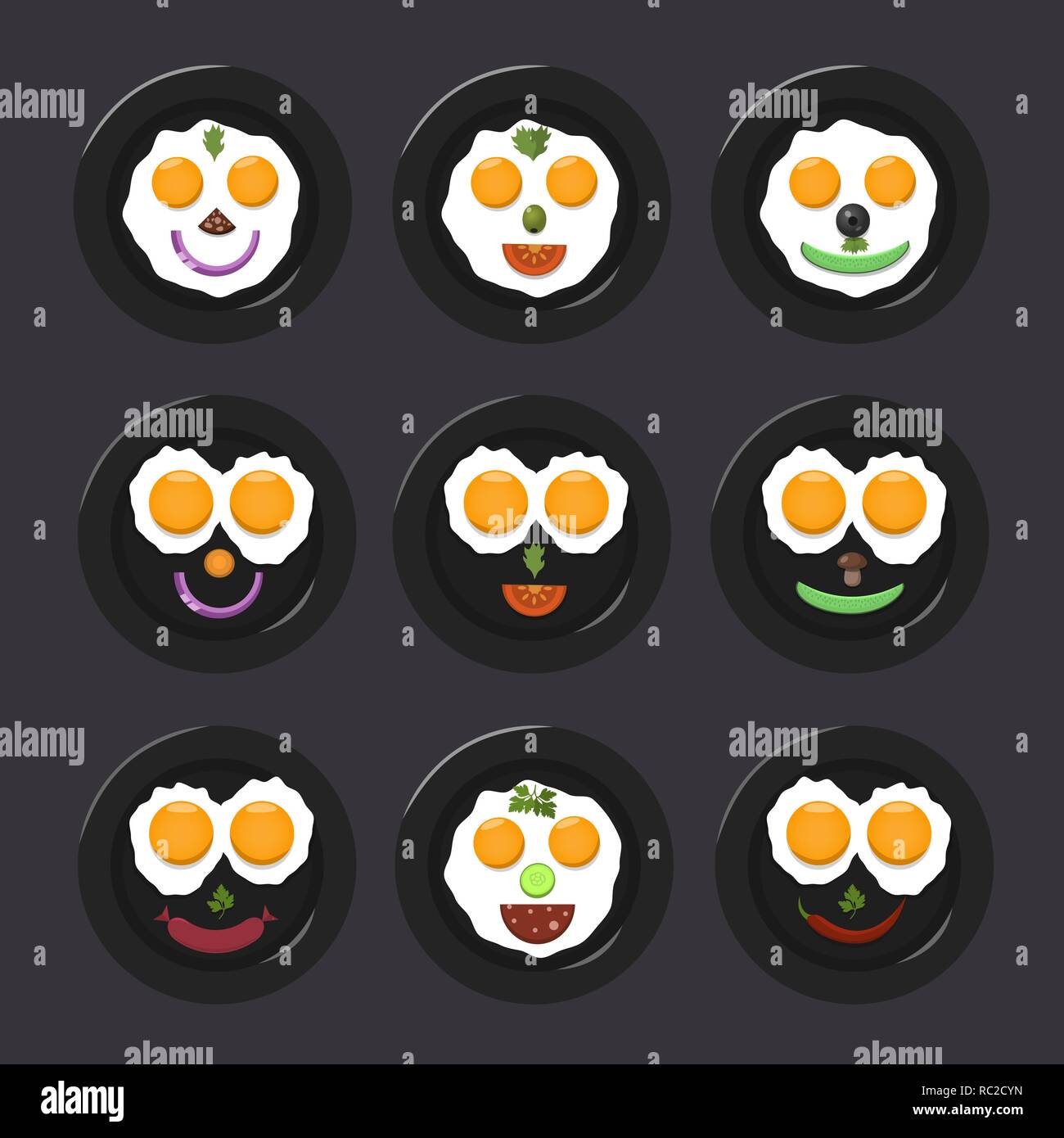 Fried egg icon emoji set. Food smile set, Top view. Vector illustration