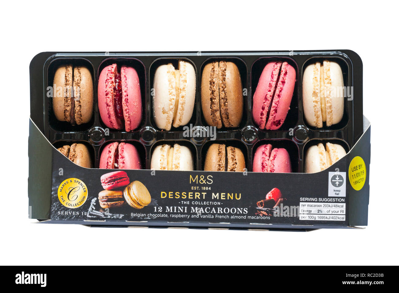 Pack of M&S dessert menu 12 mini macaroons isolated on white background Stock Photo