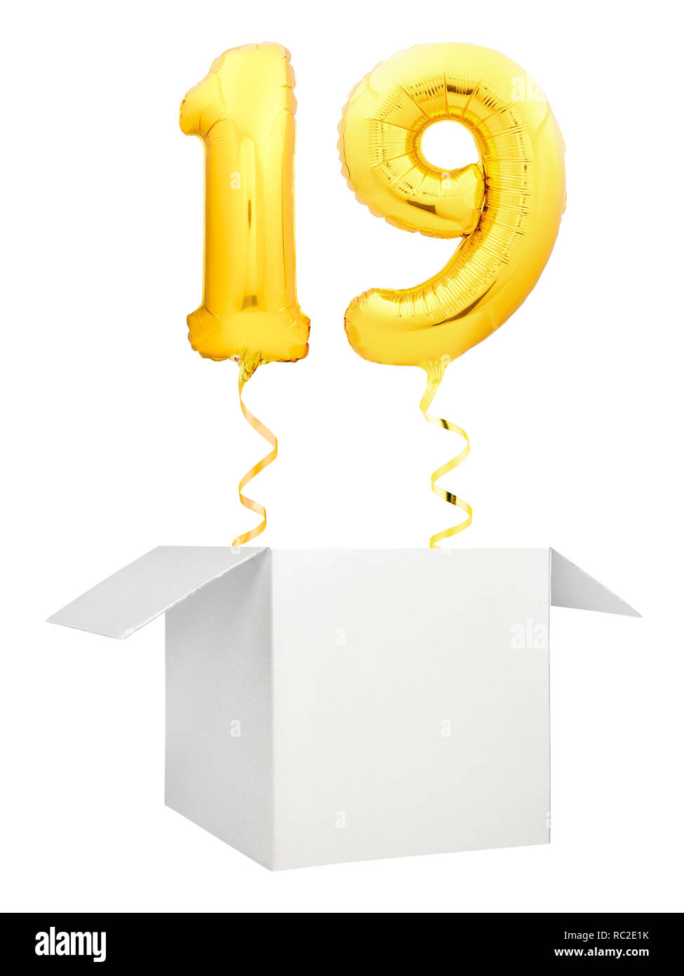 Golden number ninety balloon flying out of blank white box isolated on white background Stock Photo