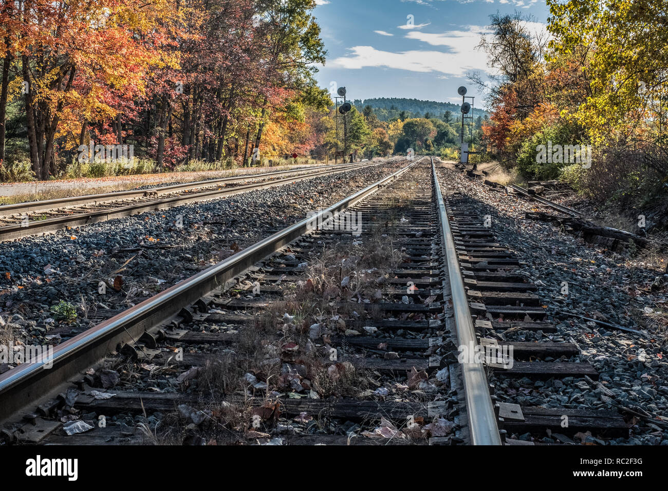 Railroad tracks near the Birch Hill Dam in Royalston, MA Stock Photo