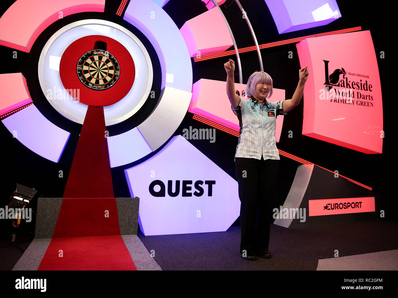 Mikuru Suzuki performing her Baby Shark walk on stage after she won the  Women's final on Saturday during day nine of the BDO World Professional Darts  Championship 2019 at The Lakeside, London