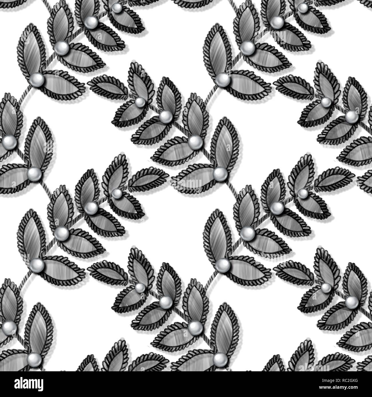 Lace seamless pattern with decortive leaves and pearls Stock Photo