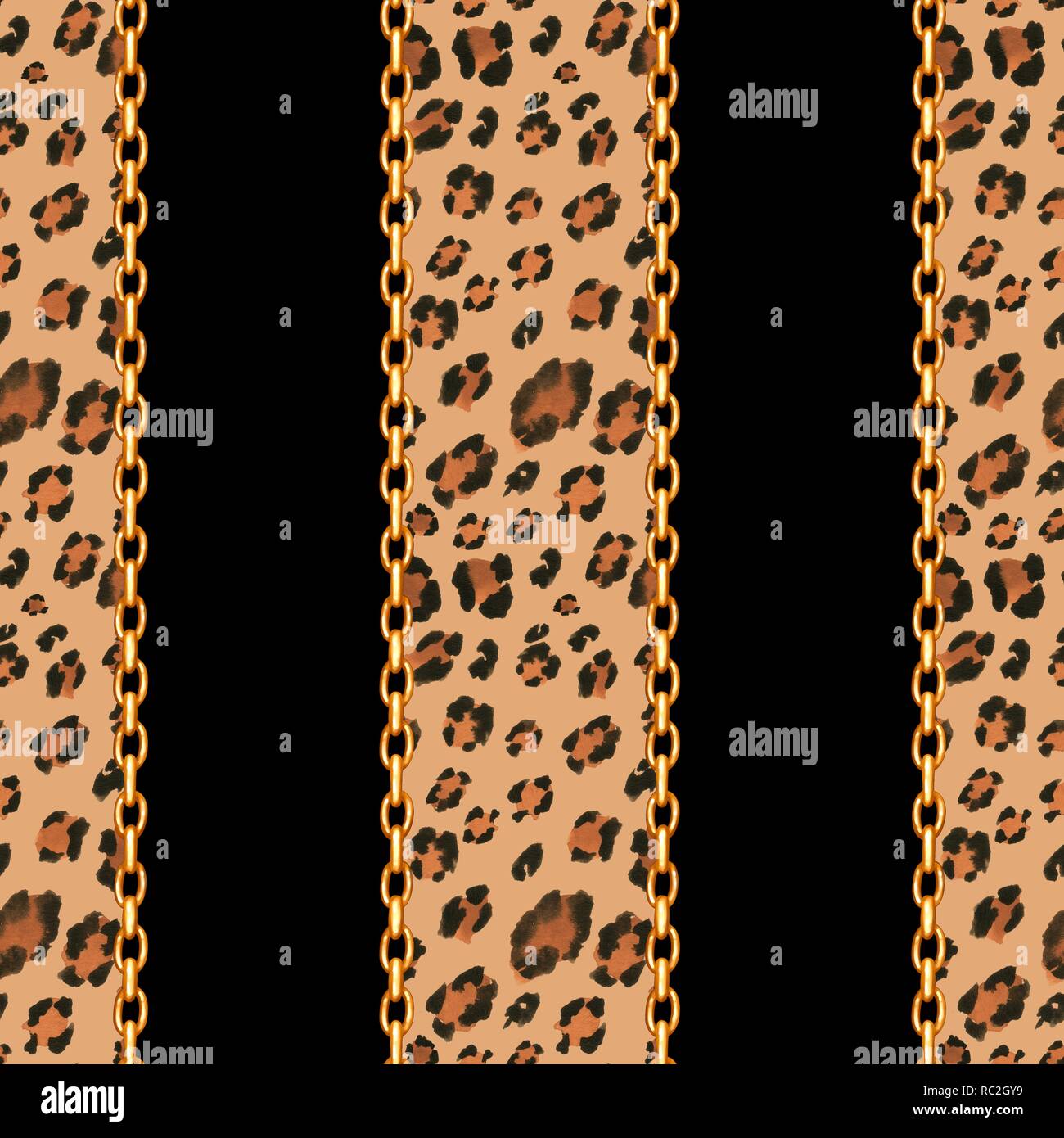 Seamless leopard pattern and golden chains Stock Photo