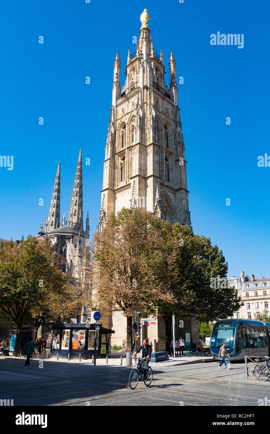 Bordeaux, France - 27th September, 2018: Cycalist passing by  Cathedral Saint Andre in Bordeaux, France Stock Photo