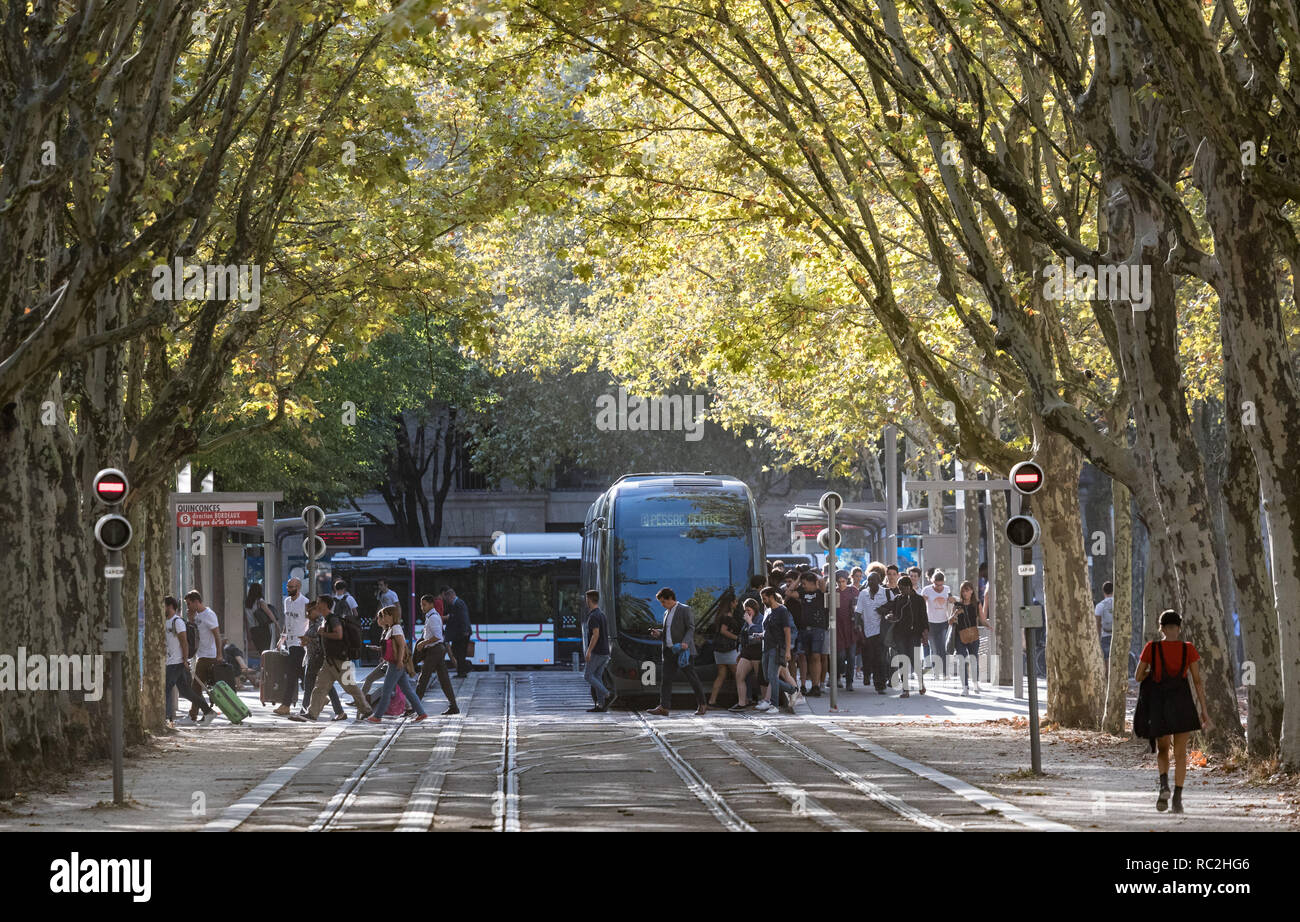 Bordeaux, France - 27th September, 2018: Commuters at Quinconces tram stop during rush hour in the city of Bordeaux, France Stock Photo