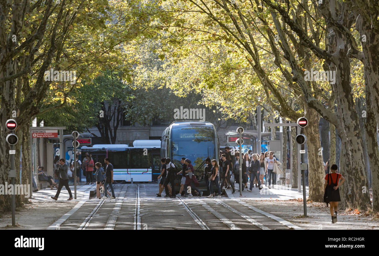 Bordeaux, France - 27th September, 2018: Commuters at Quinconces tram stop during rush hour in the city of Bordeaux, France Stock Photo
