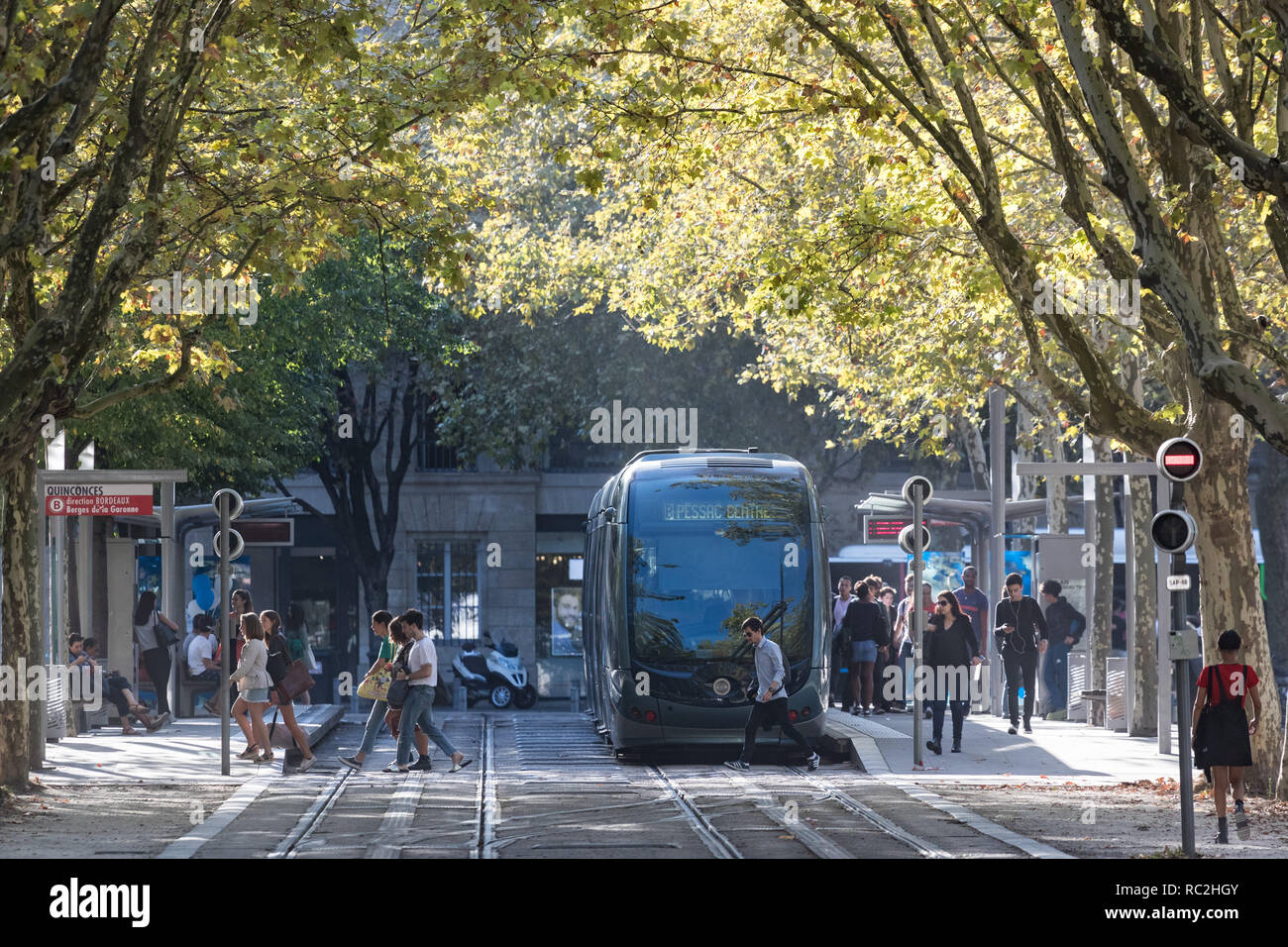 Bordeaux, France - 27th September, 2018: Commuters at Quinconces tram stop during rush hour in the city of Bordeaux, France Stock Photo