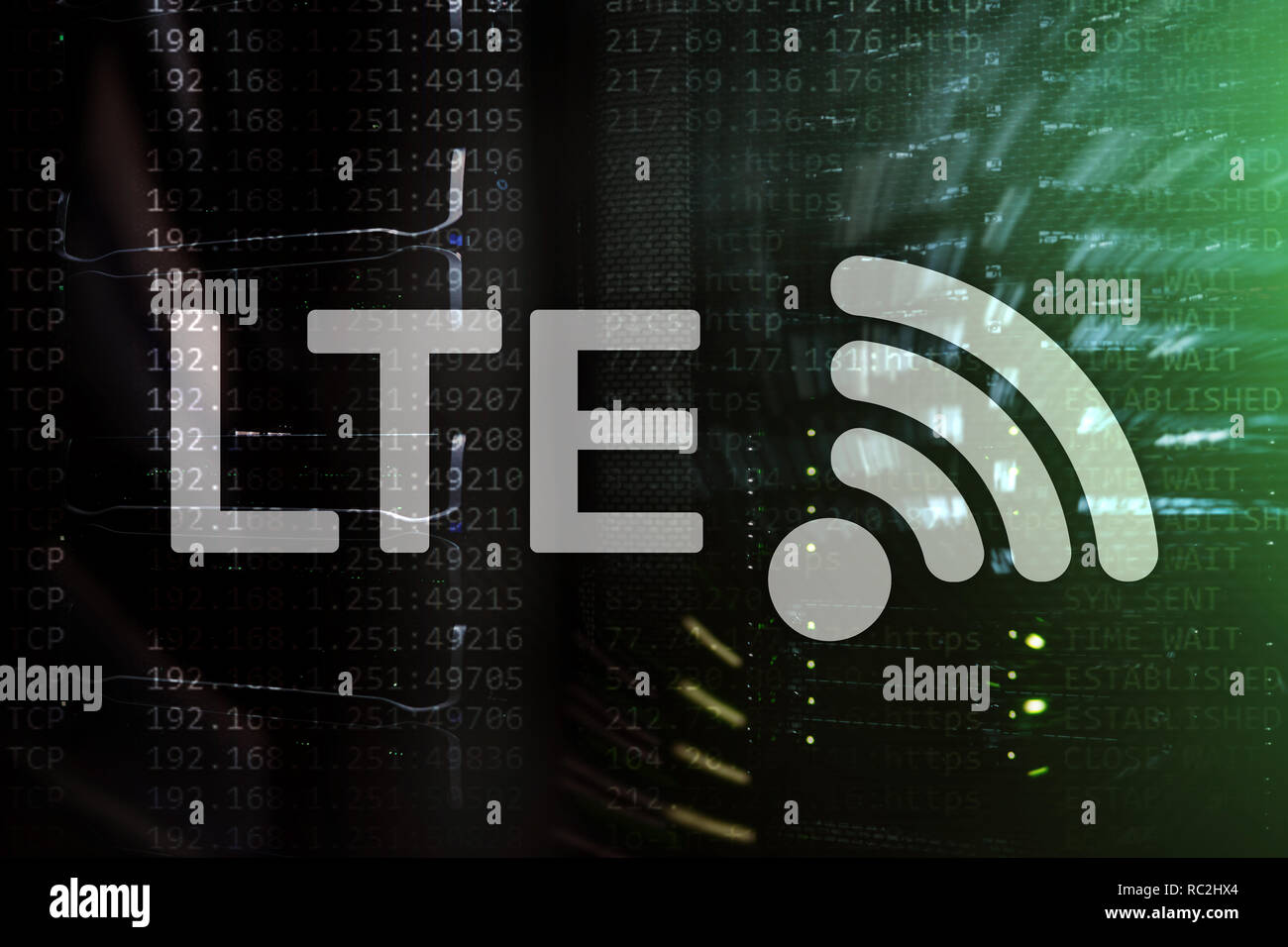 LTE, 5g wireless internet technology concept. Server room . Stock Photo