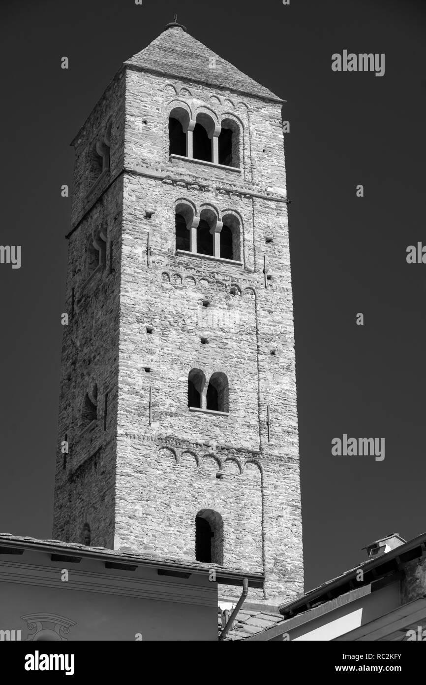 Susa, Turin, Piedmont, Italy: medieval church of Santa Maria Maggiore. Black and white Stock Photo