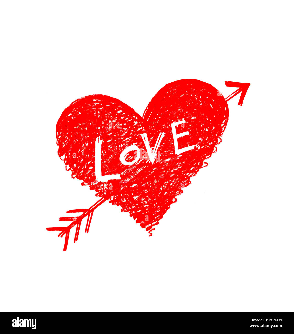 Drawing of a heart pierced by an arrow with word 'Love' Stock Photo