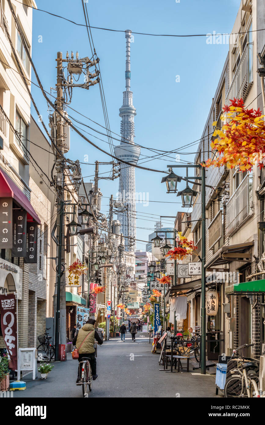 Asakusa residential streetscape with the Skytree Tower in the background, Tokyo, Japan Stock Photo