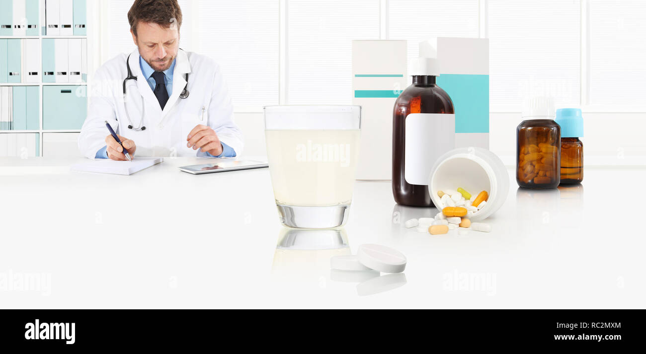doctor write the medical prescription on a desk office with glass
