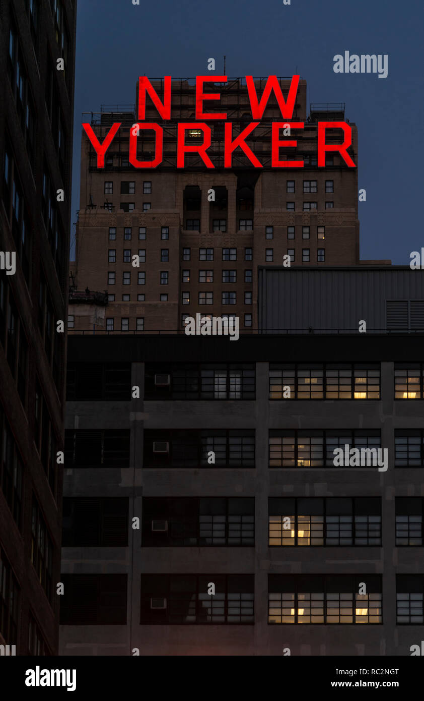 New York City, USA, - July 30, 2013: The New Yorker Hotel on 8th. Avenue at night in Manhattan, New York Stock Photo