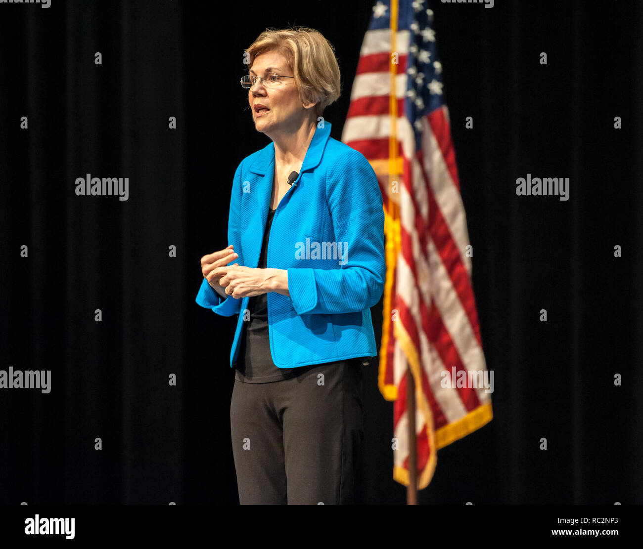 Senator Elizabeth Warren speaking on stage at her Town Hall at Concord