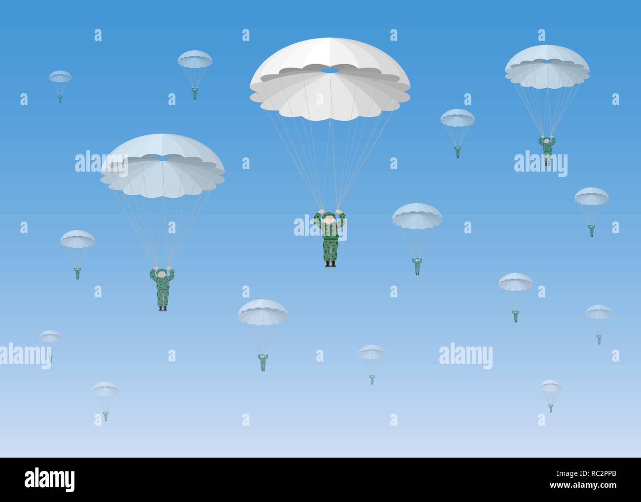The landing of the air forces. Military paratroopers in the blue sky. 10 Eps Stock Vector