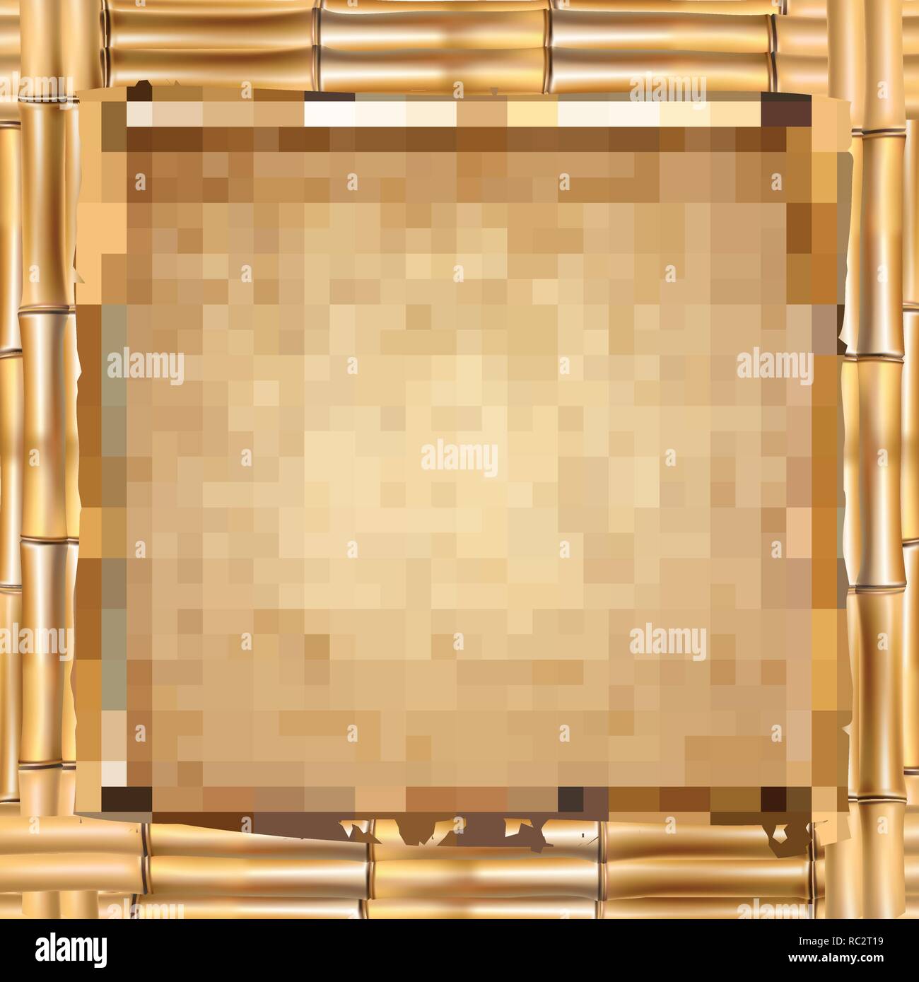Vector illustration of brown dry bamboo stick border frame. Mockup template. Rope, old vintage paper, worn canvas. Abstract concept tropical signboard Stock Vector