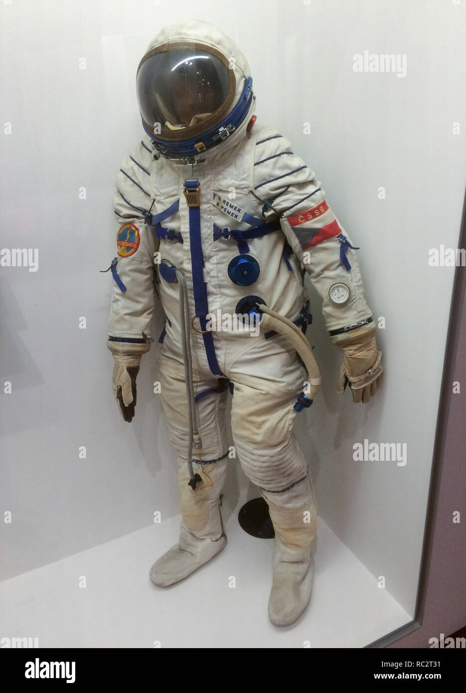 Soviet spacesuit used by Czechoslovak cosmonaut Vladimír Remek on display at the exhibition 'Touches of Statehood' in Prague, Czech Republic. The spacesuit was used during the Soyuz 28 manned mission to the Salyut 6 orbiting space station from 2 to 10 March 1978. Vladimír Remek was the first Czechoslovak in space and the only Czechoslovak cosmonaut. The exhibition devoted to the centenary of Czechoslovakia runs till 31 October 2018. Stock Photo