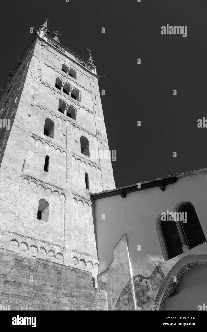 Susa, Turin, Piedmont, Italy: medieval cathedral of San Giusto. Black and white Stock Photo