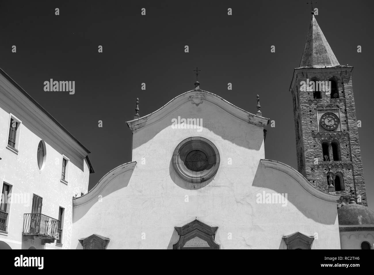 Historic church of Sant'Antonino di Susa, Turin, Piedmont, Italy. Black and white Stock Photo